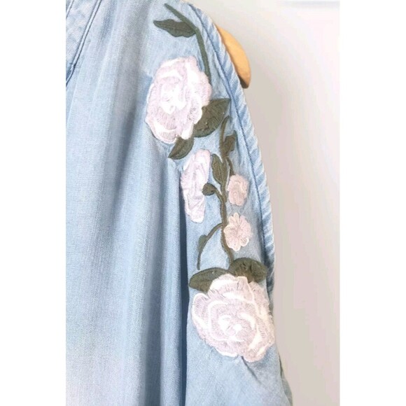 Blue Rain Tencel Chambray Dress Women's M Blue Embroidered Floral Slit Sleeve - Picture 2 of 9